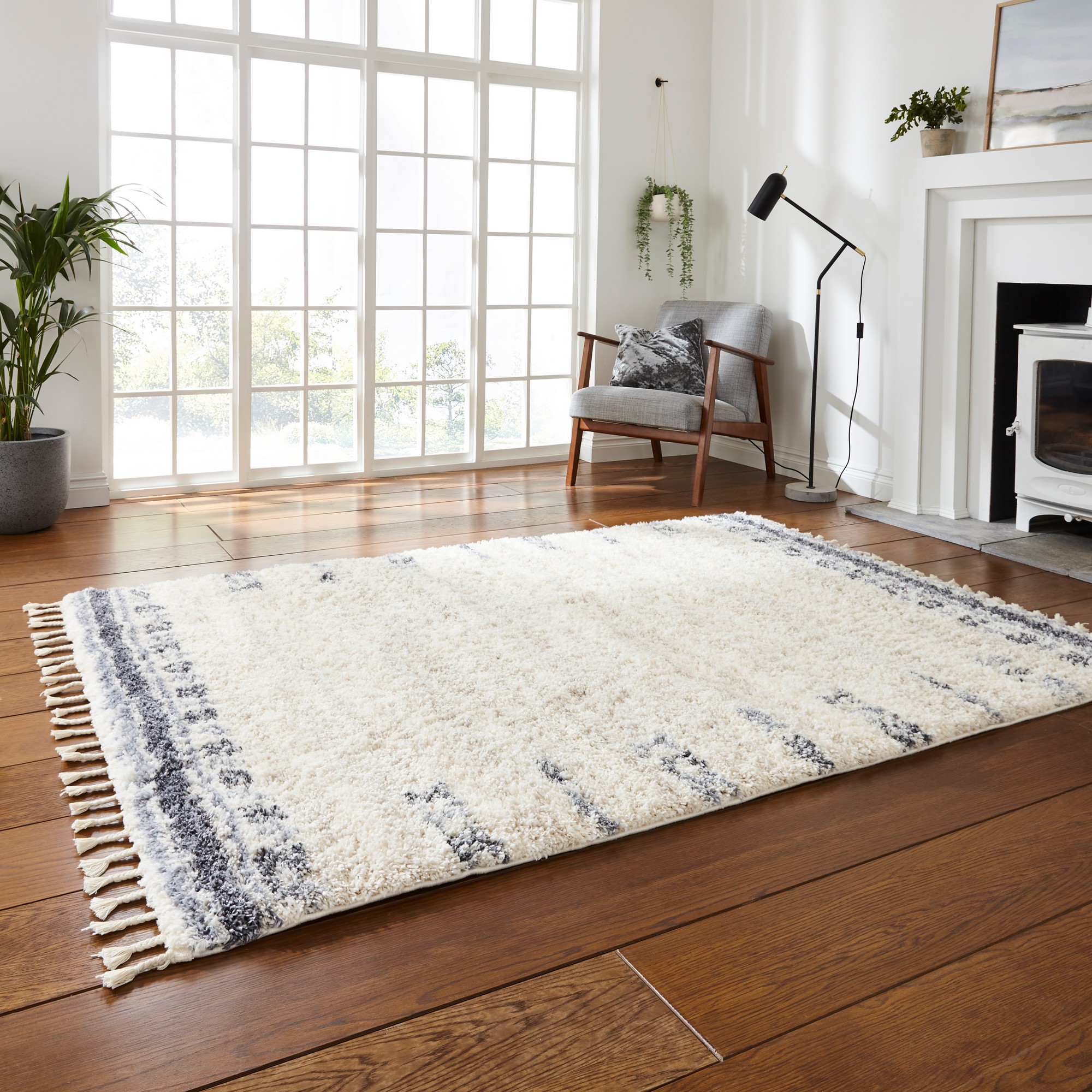 Boho Moroccan 1696 Shaggy Rugs In Ivory Grey